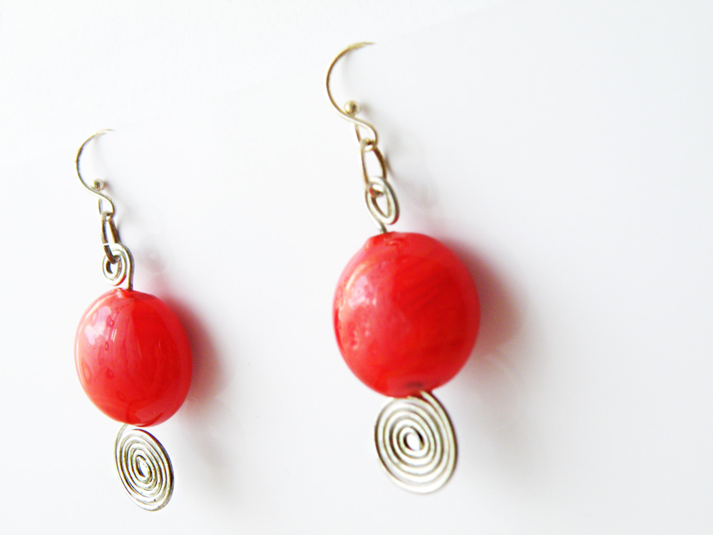 Red Round Glass Beads Hook Earrings Beaded Jewelry Wire Wrapped Swirl Women Minimalist Fashion By Steamylab