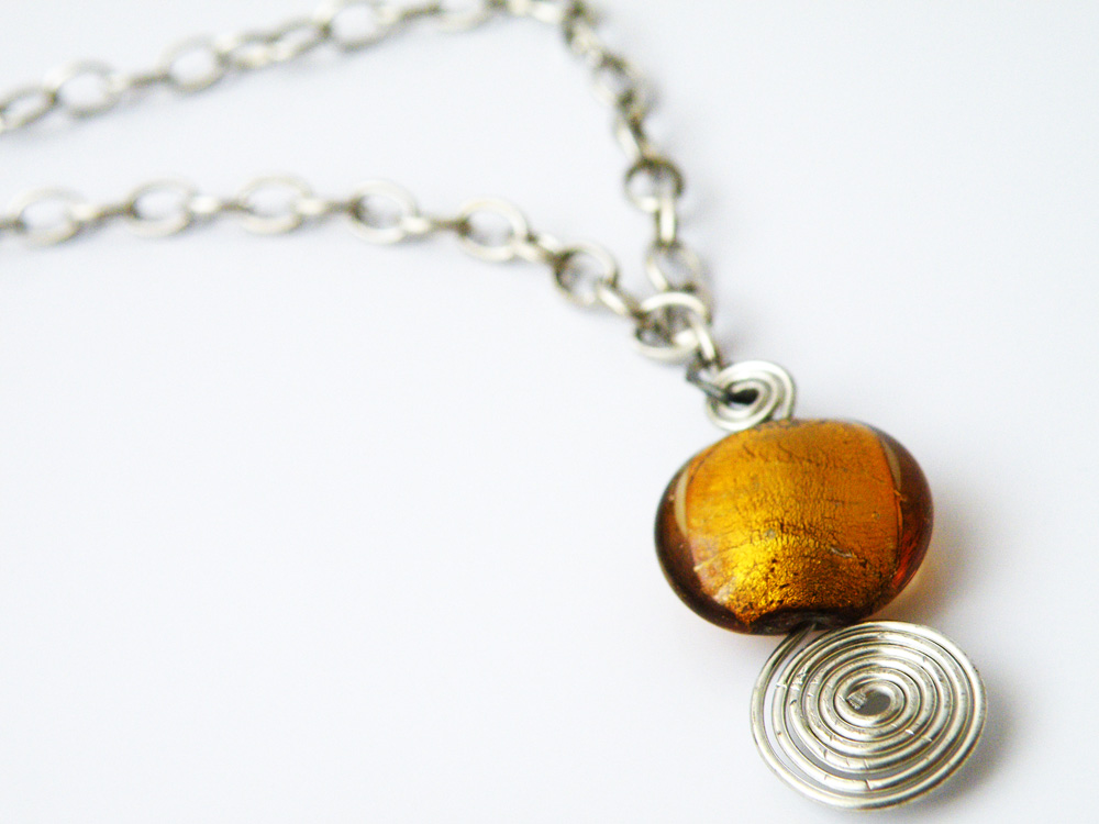 Amber Glass Round Beads Pendant Necklace Beaded Jewelry Wire Wrapped Swirl Women Minimalist Fashion By Steamylab