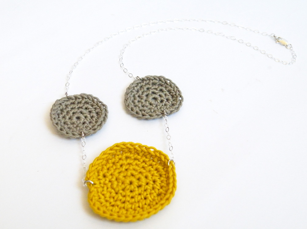 Sterling Silver Geometric Necklace Grey Mustard Crochet Disc Cottage Chic Spring Summer Accessories By Steamylab