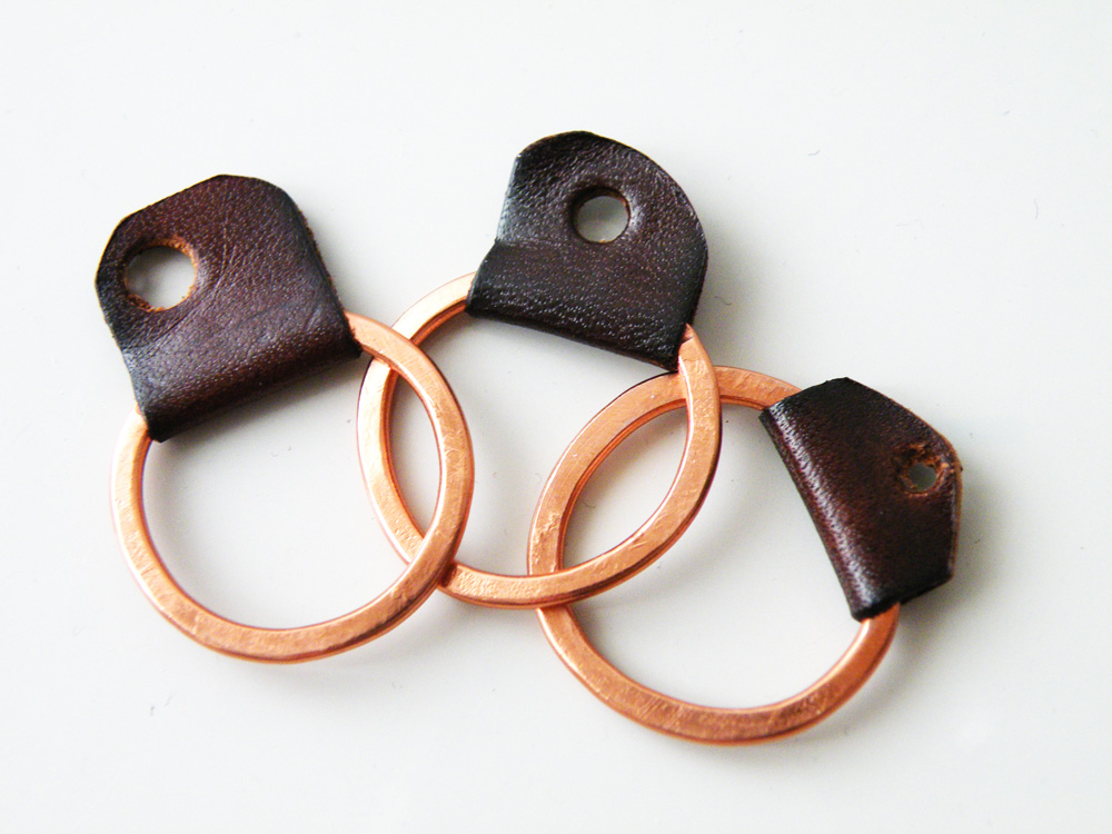 Stacking Rings Set Of Three Rings Hammered Copper Plated Aluminum Brown Leather Minimalist Geometric By Steamylab
