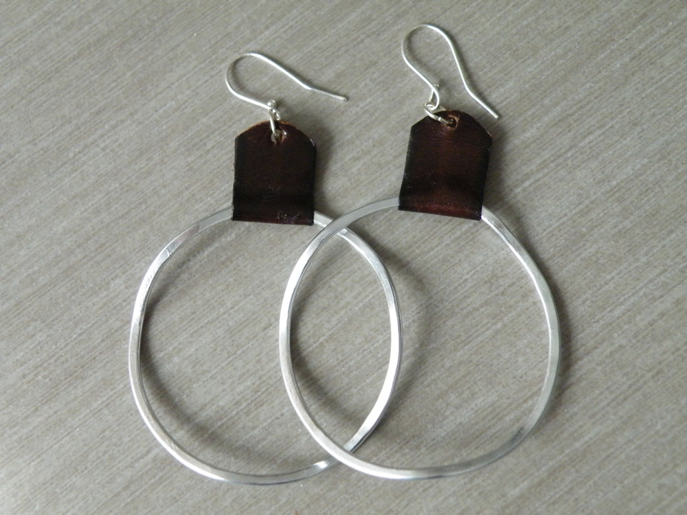 Boho Big Hoop Earrings Hammered Aluminum Recycled Brown Leather Irregular Hoops By Steamylab
